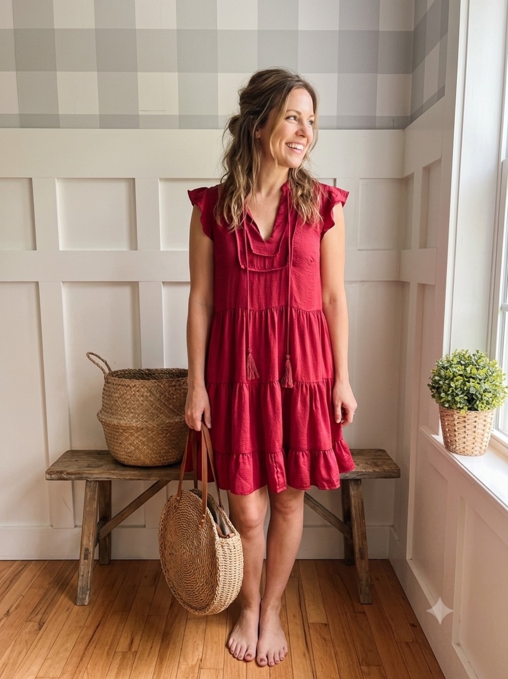Biscuit Flowy Red Tiered Midi Dress with Tassel V-Neck Small